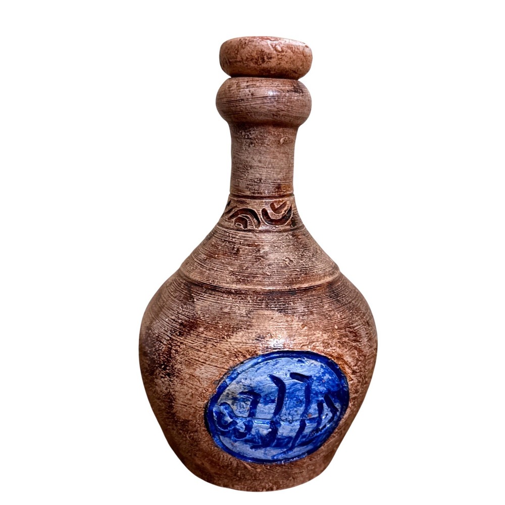 Handmade Terracotta Pottery Decanter Bottle Rustic Tribal Symbols Brown Stopper